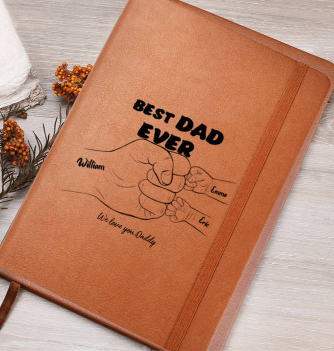 Best Dad Ever Personalized Vegan Leather Journal - Custom Kids' Hands and Names